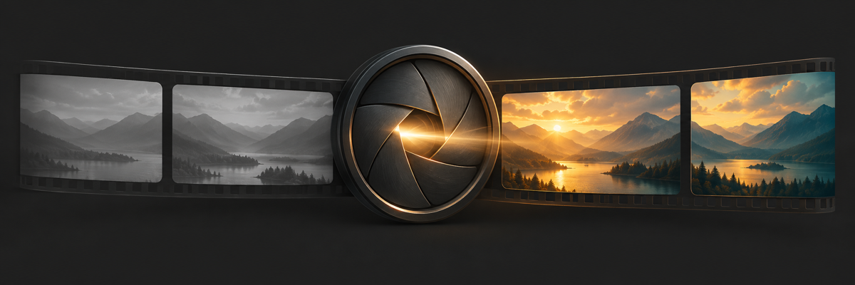 Camera Color Lab identity study: an aperture opening a strip of mountain frames from black and white into warm color