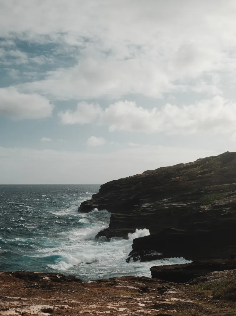 Dark sea cliffs meeting rough blue water under a cloudy sky.